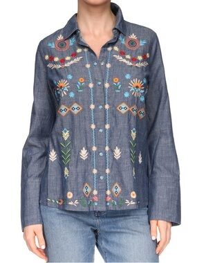 Johnny Was Embroidered Button Down Chambray Shirt